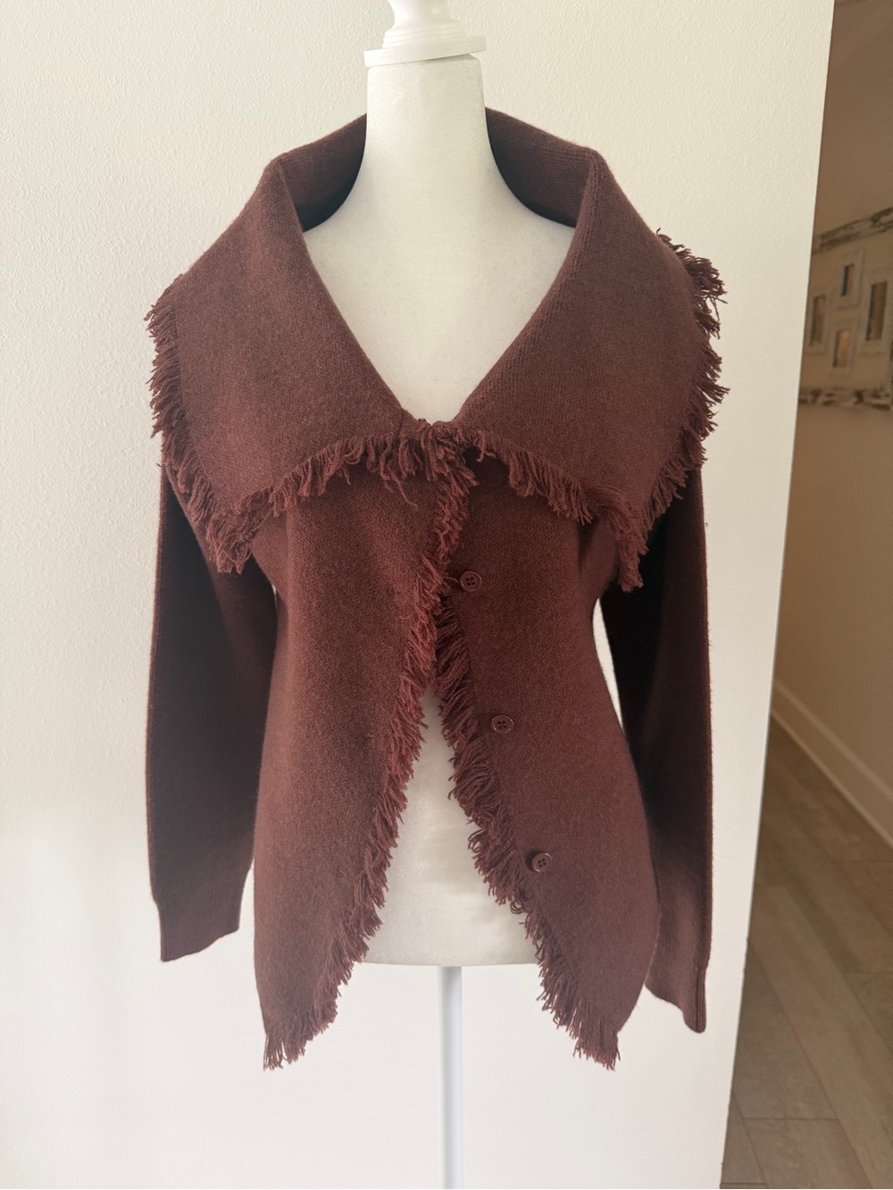 bohme Deep Brown Fringed Shawl-Collar Cardigan